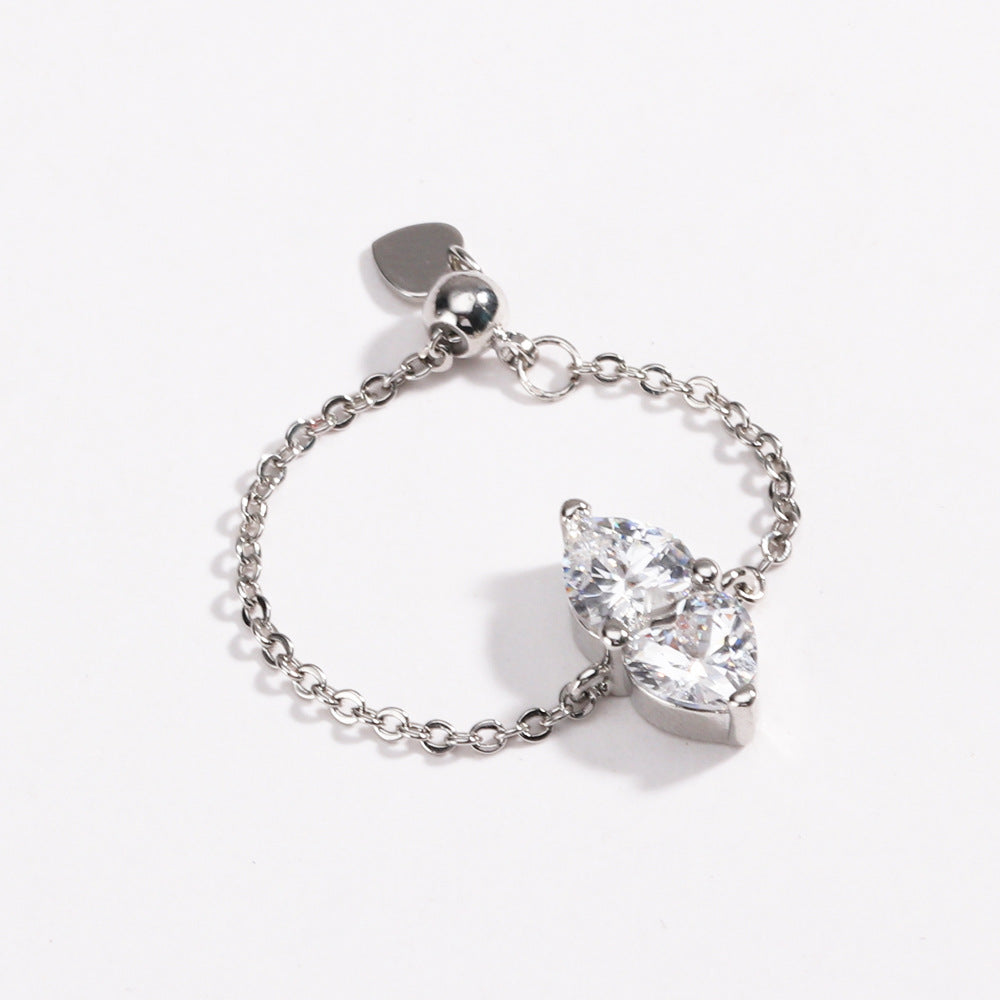 Two Hearts Joined Diamond Adjustable Chain Ring (Multi-Color Delicate Statement Band)