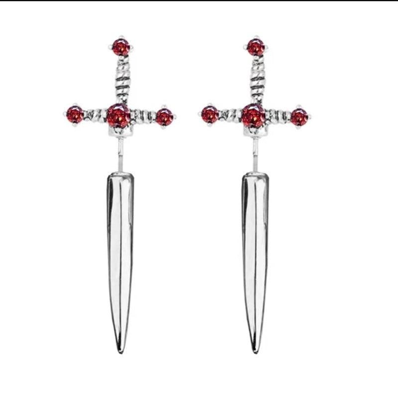 Cross‑Sword Black Diamond Stud Earrings