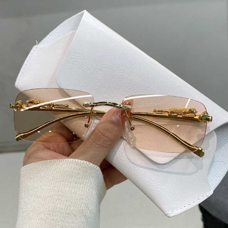 Luxury Leopard Carved Rimless Cut Sunglasses, Multi Gradient UV Protection Shades
