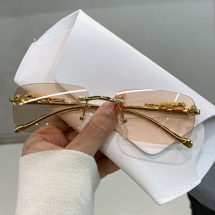 Luxury Leopard Carved Rimless Cut Sunglasses, Multi Gradient UV Protection Shades