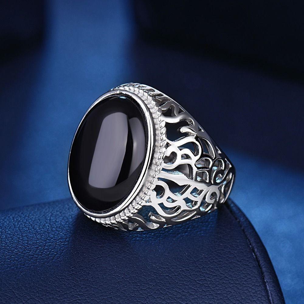 S925 Silver Black Onyx Openwork Carved Men's Ring (Vintage Luxury Gentleman's Band)