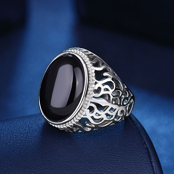 S925 Silver Black Onyx Openwork Carved Men's Ring (Vintage Luxury Gentleman's Band)