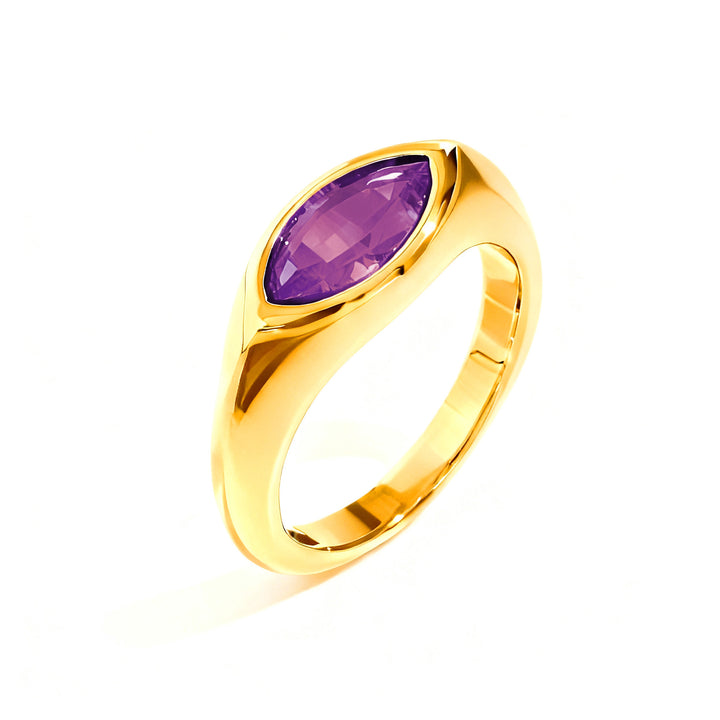 Marquise‑Cut Colored Gemstone Bezel‑Set Wide‑Band Gold‑Plated S925 Sterling Silver Ring, Multi‑Colors Available