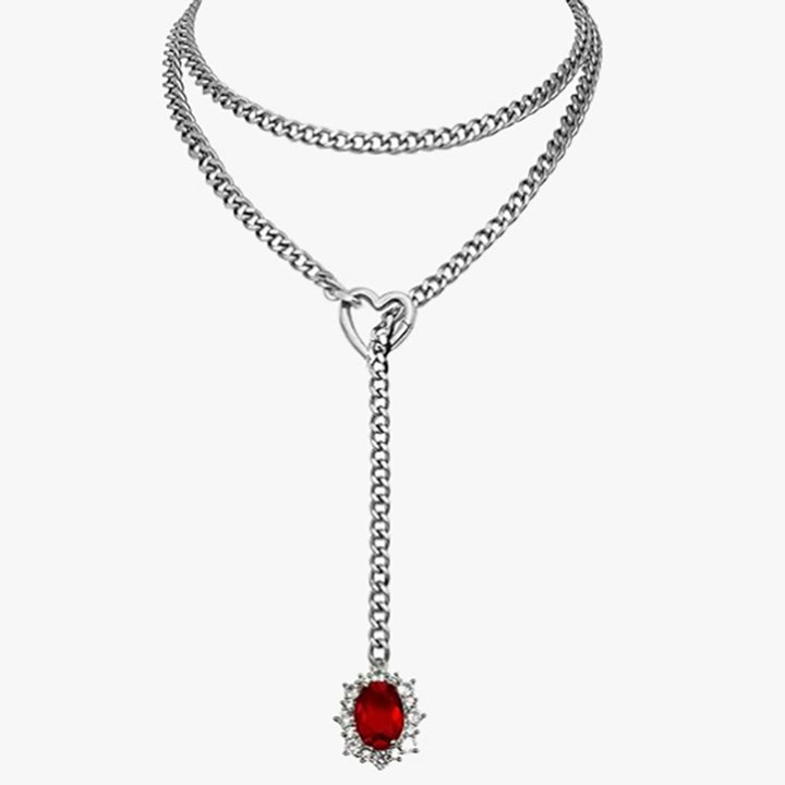 Double Layer Heart Clasp Colored Gem Y-Necklace