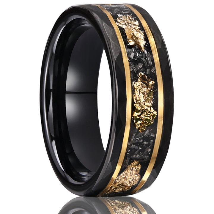 Tungsten Carbide Couple Rings – Hammered Black Rings with Meteorite Inlay
