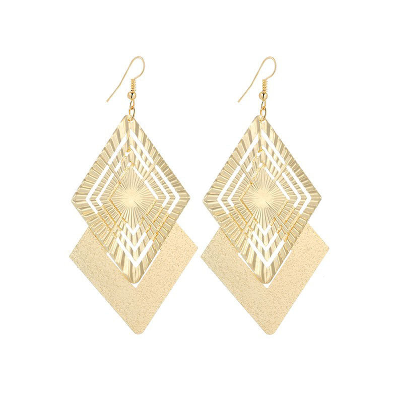 Double Layer Diamond Geometric Engraved Drop Earrings