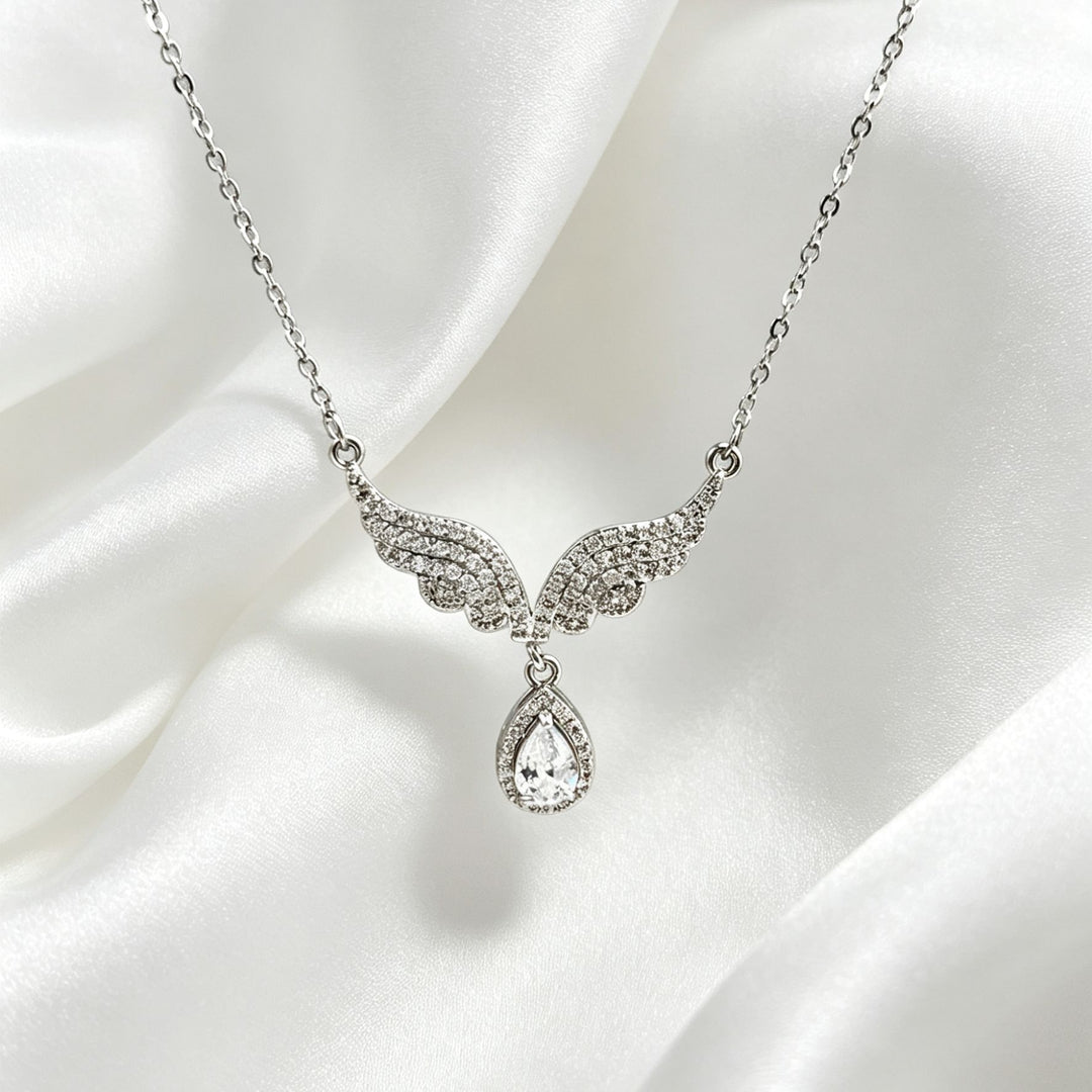 Angel Wing Teardrop Diamond Collarbone Necklace, Multiple Wing Styles Pink & White Diamond 14K Gold Plated Dainty Ladies Necklace
