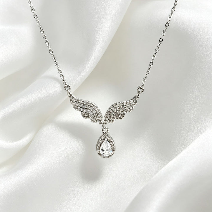 Angel Wing Teardrop Diamond Collarbone Necklace, Multiple Wing Styles Pink & White Diamond 14K Gold Plated Dainty Ladies Necklace