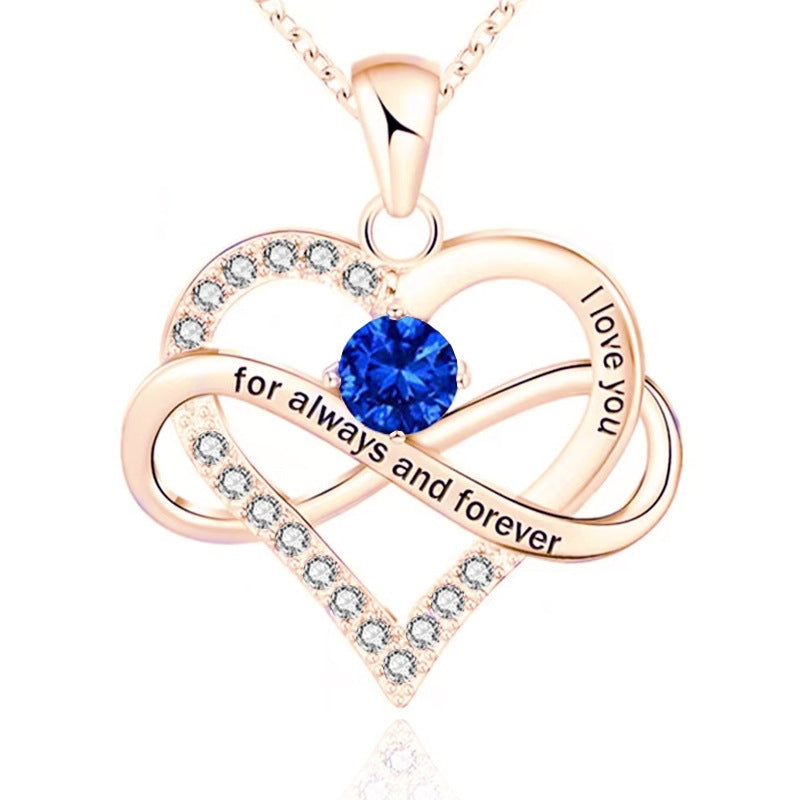 Infinity Intertwined Heart Engraved Birthstone Necklace, Eternal Love Heart Pendant Clavicle Chain with Birthstone