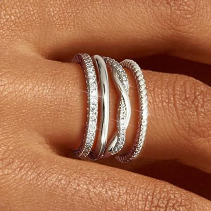 4Pcs Stackable Thin Band S925 Silver Ring Set, Twisted Rope & Paved Diamond Stacking Rings, Gold & Silver Tone
