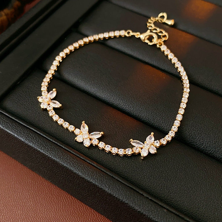 Three‑Butterfly Pave Diamond Tennis Bracelet, Marquise Cut Diamond Butterfly Dainty Women Bracelet, Gold & Silver Tone, Clear & Purple Diamond Available