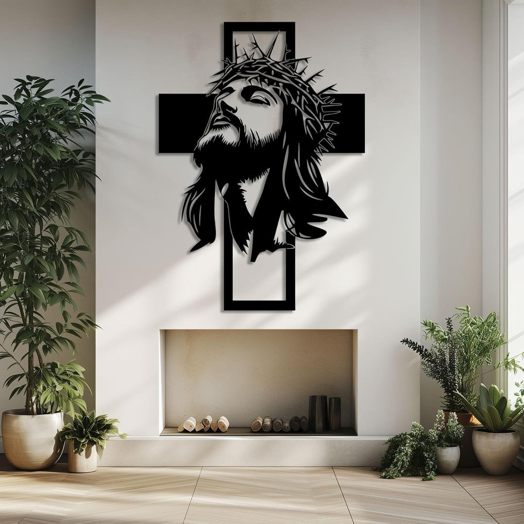 Jesus Crown of Thorns Cross Metal Wall Art (Minimalist Faith Art Style)