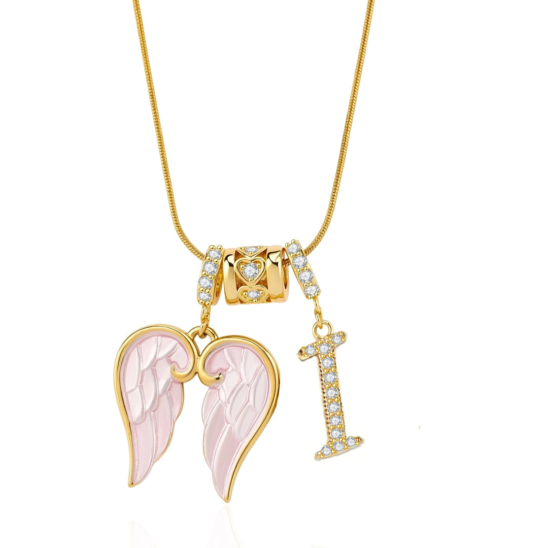 Pink Enamel Angel Wing Initial Necklace, Custom 26 Letters Gold Plated Diamond Pendant