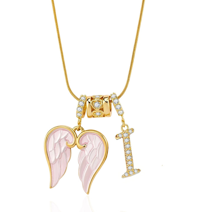 Pink Enamel Angel Wing Initial Necklace, Custom 26 Letters Gold Plated Diamond Pendant