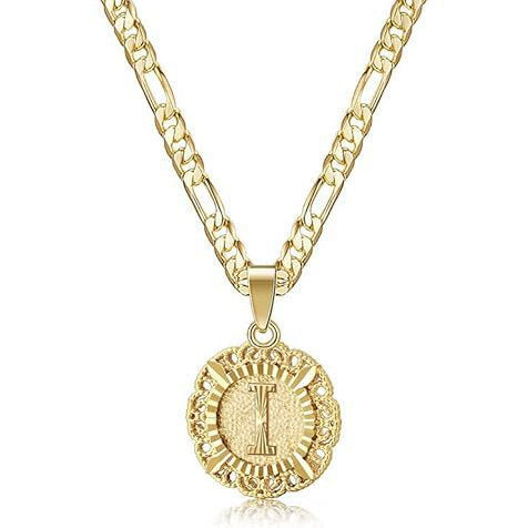 Vintage Lace Round 26 Letter Figaro Necklace, 14K Gold Plated Personal Initial Pendant Clavicle Chain