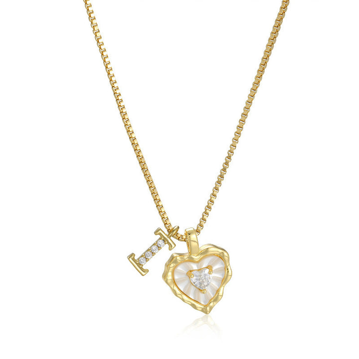 White Shell Heart Initial Necklace, Wavy Edge Mother of Pearl Pendant with Heart Diamond, Custom 26 Letters Gold Box Chain