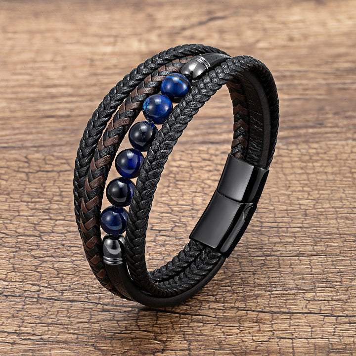 Natural Stone Beaded Braided Leather Men's Bracelet (Multi-Color Magnetic Clasp Wristband)