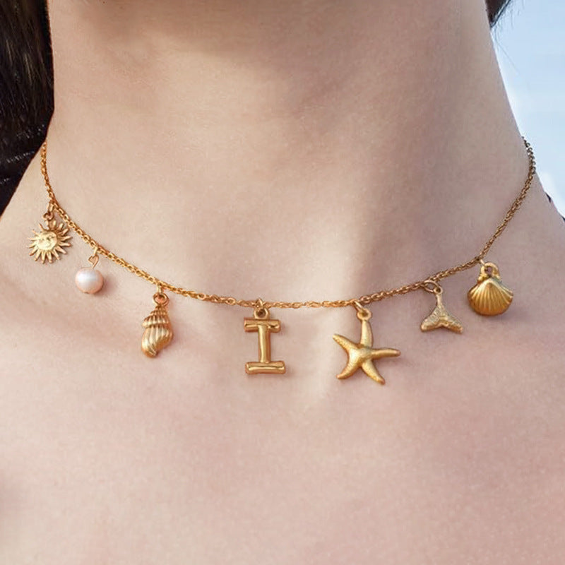 Ocean Vacation Multi-Charm Initial Choker, Starfish Shell Mermaid Tail Sun Pearl Custom Letter Thin Necklace for Women