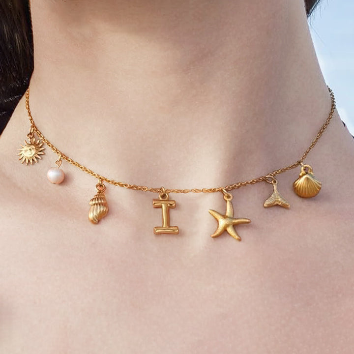 Ocean Vacation Multi-Charm Initial Choker, Starfish Shell Mermaid Tail Sun Pearl Custom Letter Thin Necklace for Women