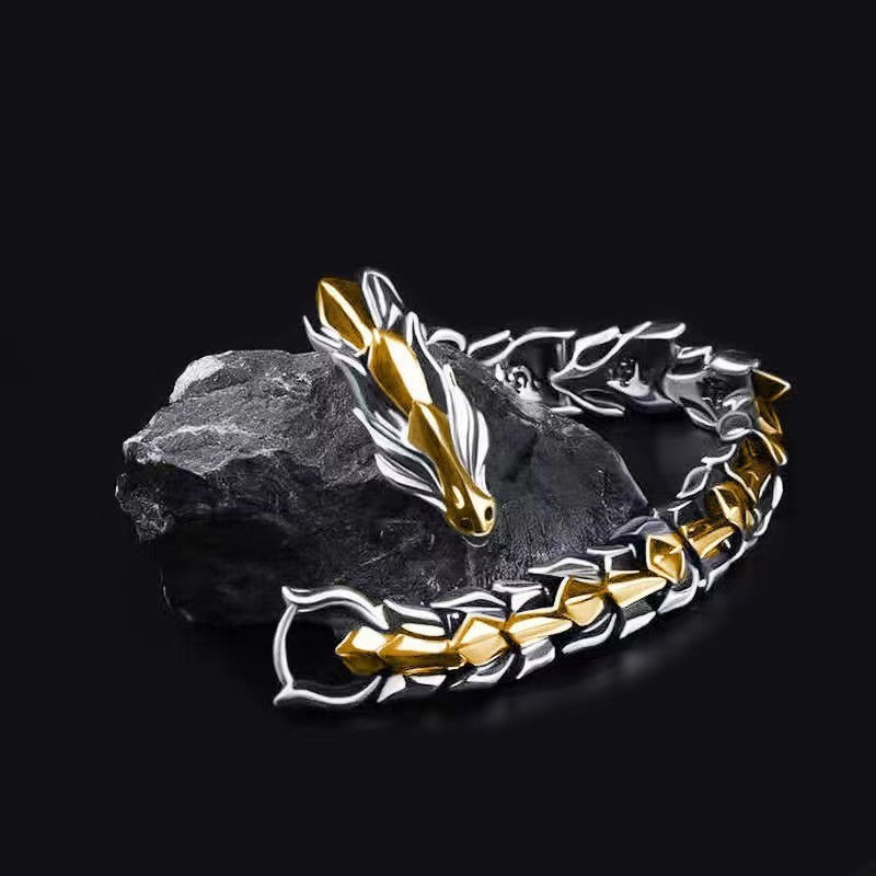 3D Monster Bone Titanium Steel Men's Bracelet, Gold Silver Two-Tone Tough Scale Thick Chain Vintage Wrist Jewelry