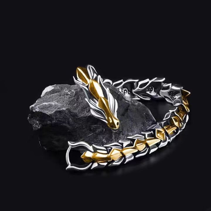 3D Monster Bone Titanium Steel Men's Bracelet, Gold Silver Two-Tone Tough Scale Thick Chain Vintage Wrist Jewelry
