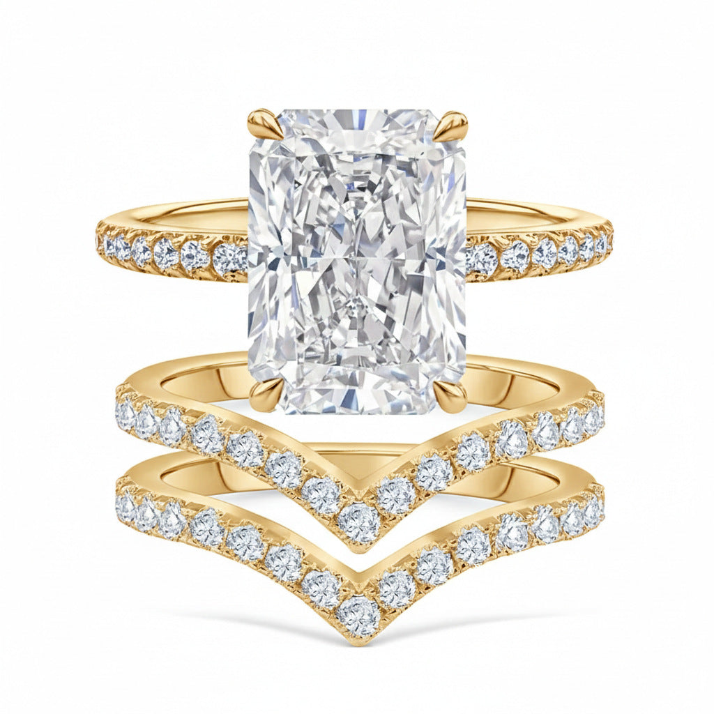 Ice Flower Cut & V-Shaped Pavé Wedding Ring Set (Luxury Classic Couple Bands)