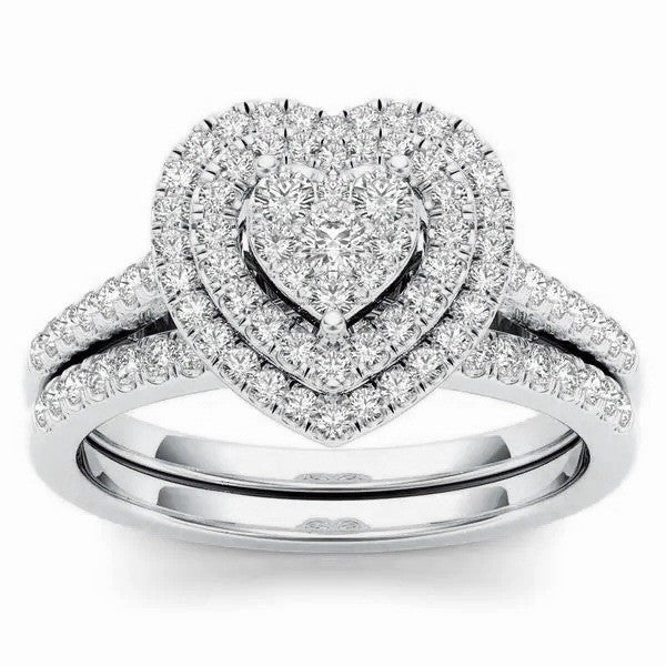 Double Layer Heart Full diamond Stackable Ring Set (Delicate Luxury Engagement Band)