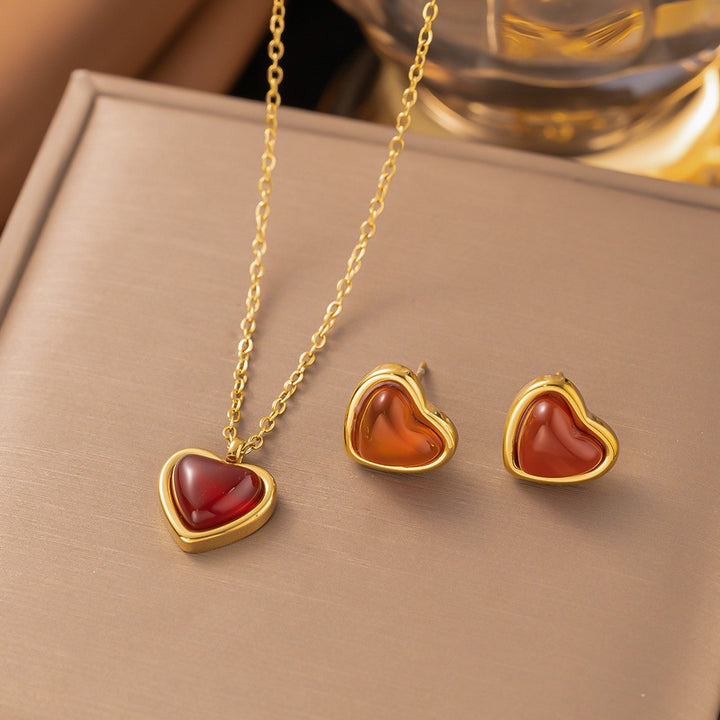 Sweet Heart Cat's Eye Jewelry Two-Piece Set, Gold-Plated Necklace & Stud Earrings Luxury Women Daily Accessory