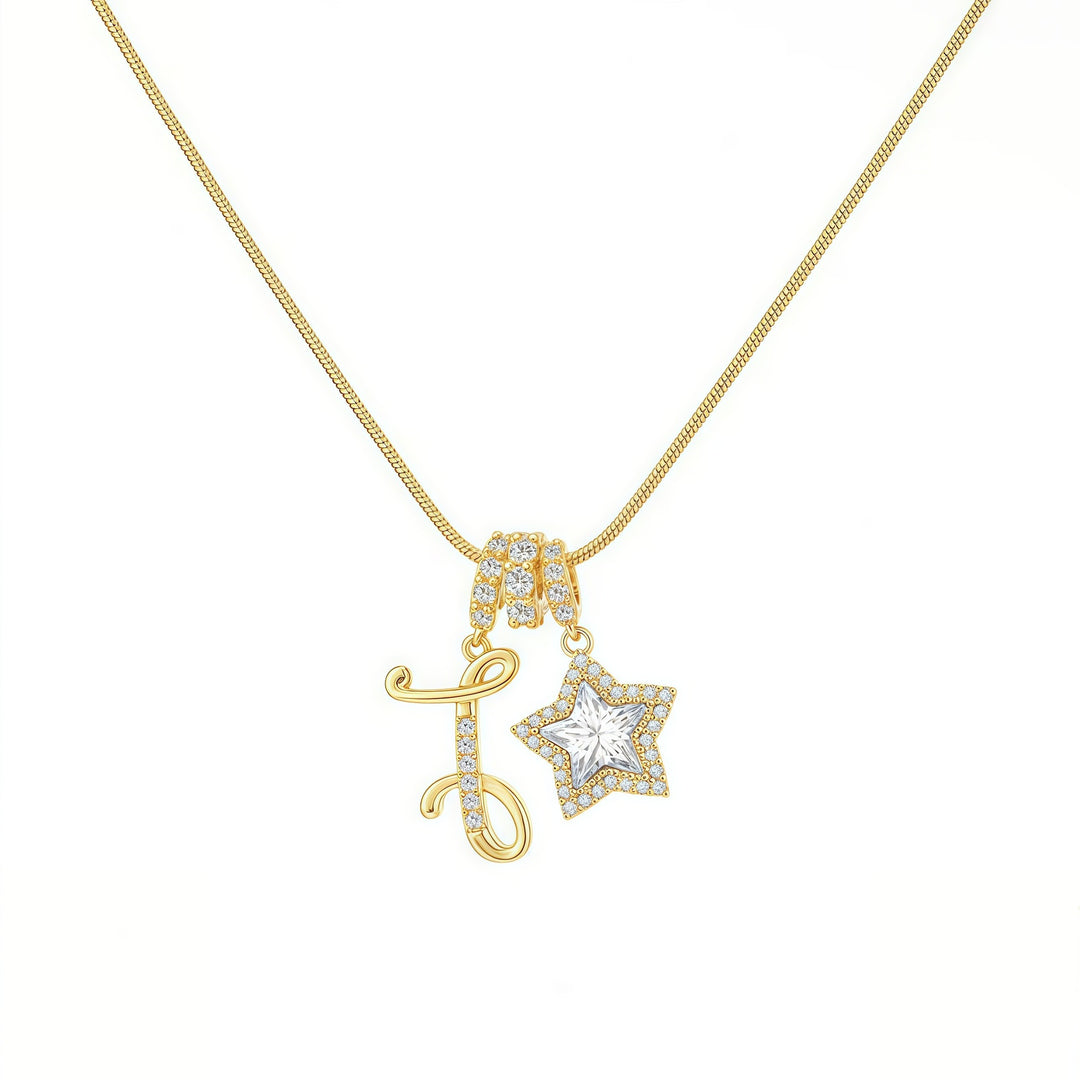 Script Initial Pave Star Dual Charm Snake Chain Necklace, Gold & Silver Custom Letter Choker