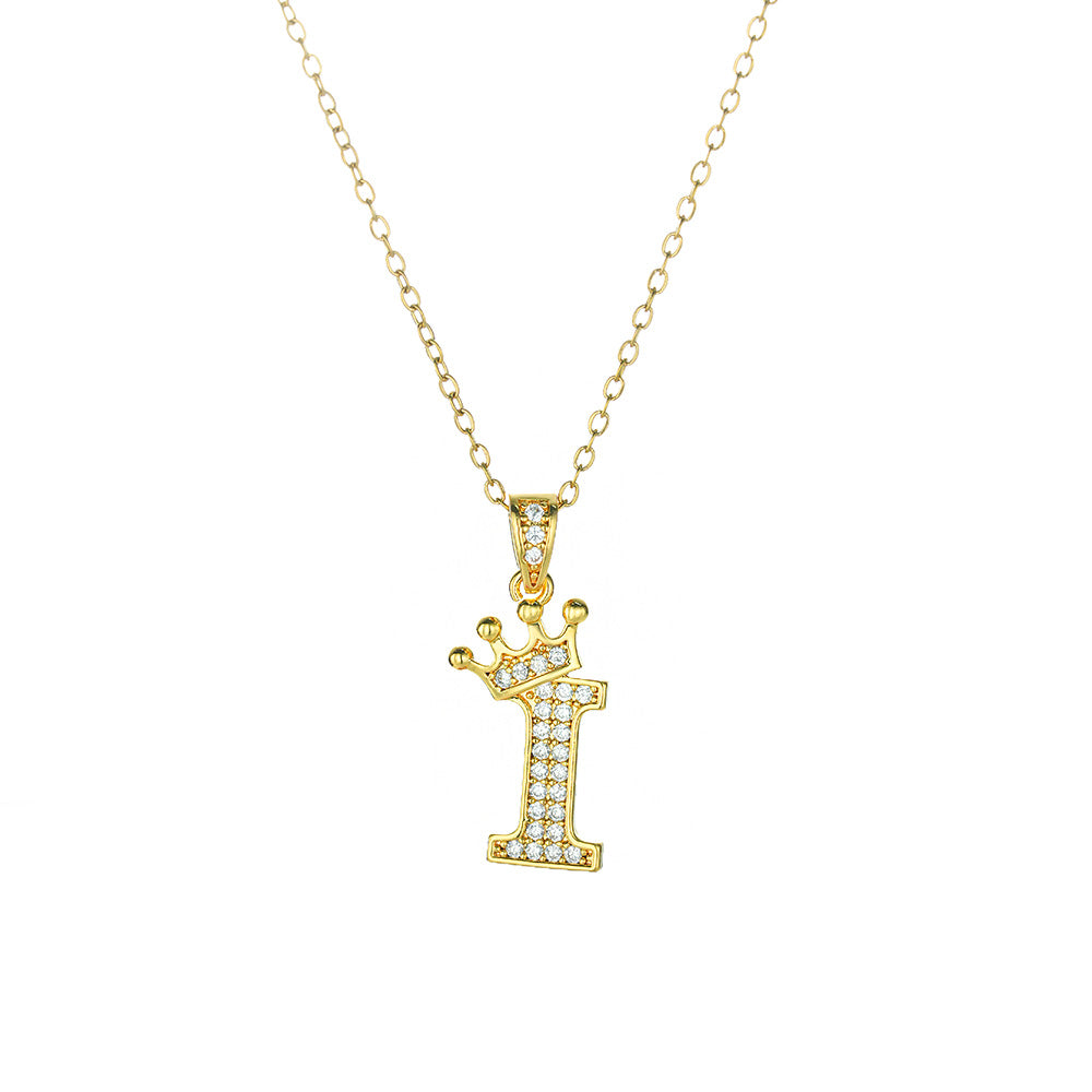 Crown Paved Diamond Initial Letter Necklace, 14K Gold Plated Personalized Dainty Chain, A-Z Available