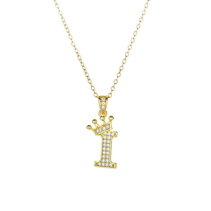 Crown Paved Diamond Initial Letter Necklace, 14K Gold Plated Personalized Dainty Chain, A-Z Available