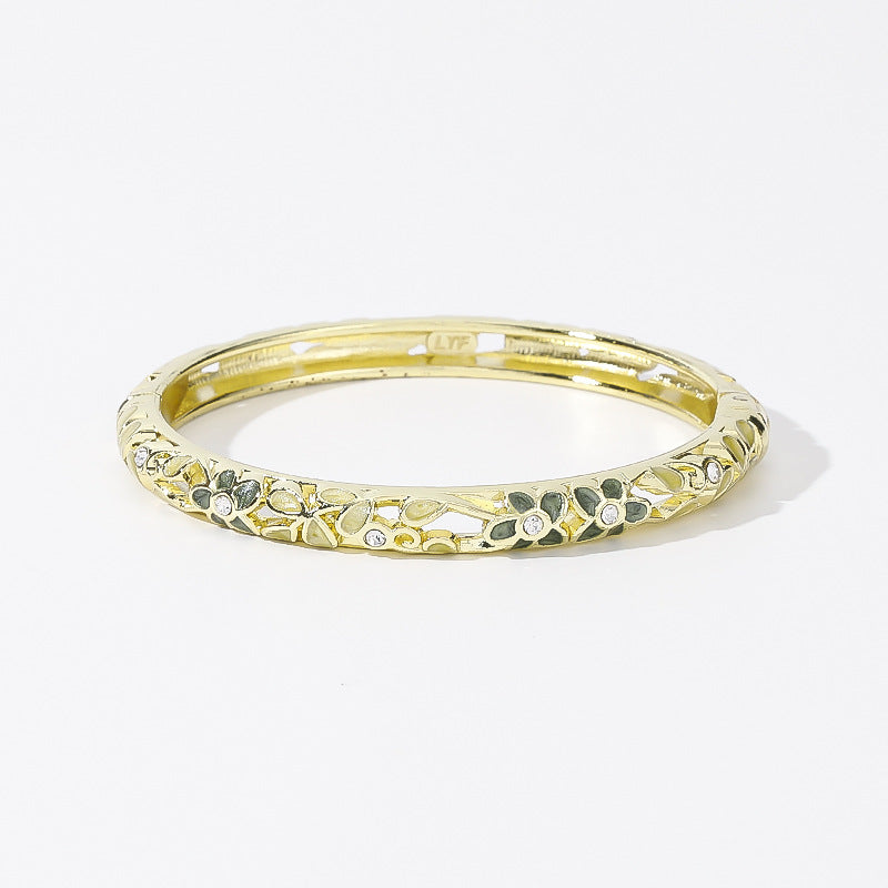 Hollow‑Out Enamel Floral Inlaid Diamond Spring‑Opening Bangle, Multi‑Color Options