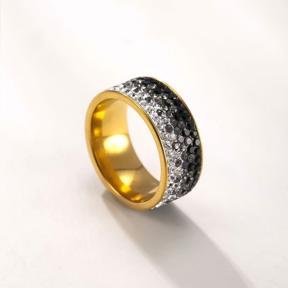 Multi-Row Paved Crystal Wide Titanium Steel Ring, Solid & Gradient Rhinestone Waterproof Band Gold Silver Black Couple Jewelry