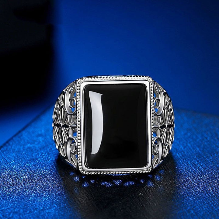 S925 Silver Black Onyx Openwork Carved Men's Ring (Vintage Luxury Gentleman's Band)