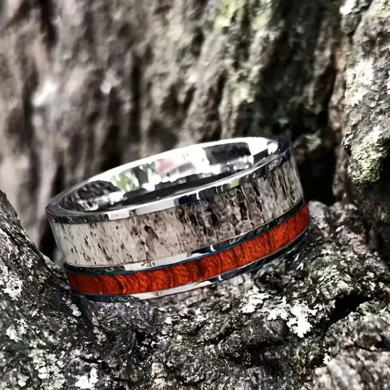 Tungsten Ring with Wood, Antler & Abalone Shell Inlay, Multiple Styles for Men