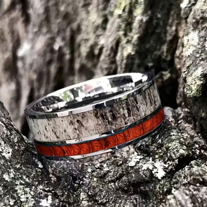 Tungsten Ring with Wood, Antler & Abalone Shell Inlay, Multiple Styles for Men