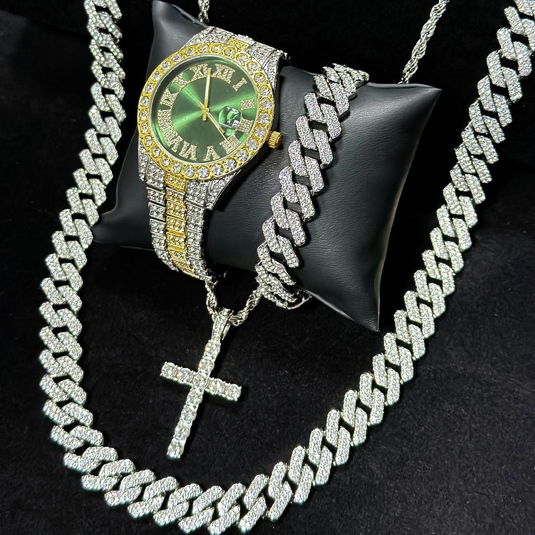 Men's Iced Out Jewelry 4-Piece Set, Hip Hop Diamond Watch with Calendar + Cuban Bracelet + Cross Pendant Necklace Gift Set