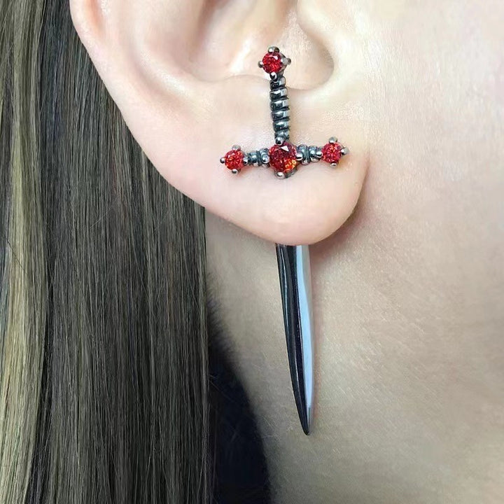 Cross‑Sword Black Diamond Stud Earrings
