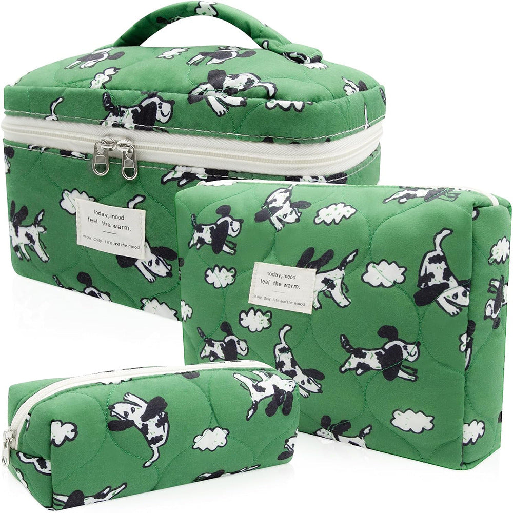 Floral Quilted 3-Piece Makeup Bag Set, Large Capacity Handheld Cosmetic Bag Portable Storage Pouch & Pencil Case Kit