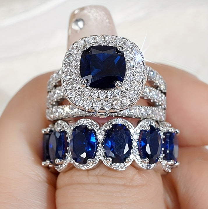 Luxury Two‑Piece Halo Ring Set, S925 Silver Multi‑Color Center Stone Women’s Engagement Ring Set in Gold & Silver Tone