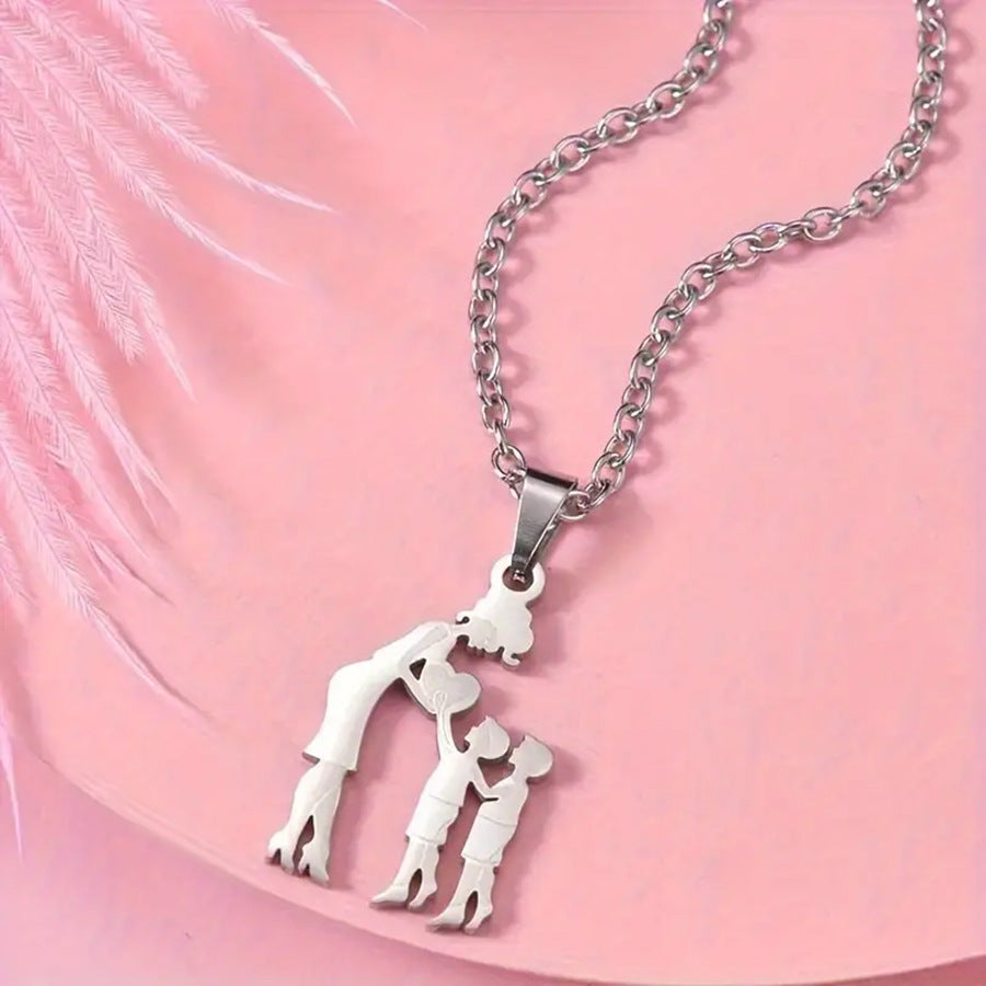 Mother & Kids Silhouette Pendant Necklace, 316L Titanium Steel Silver Plated Family Keepsake Necklace, Multiple Figures, Gold & Silver Family Jewelry