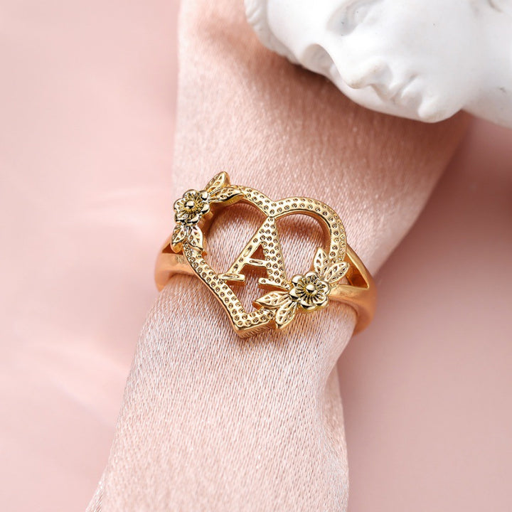 Fresh Sweet Creative Style  Rose Dual-Tone 26-Letter Open Ring