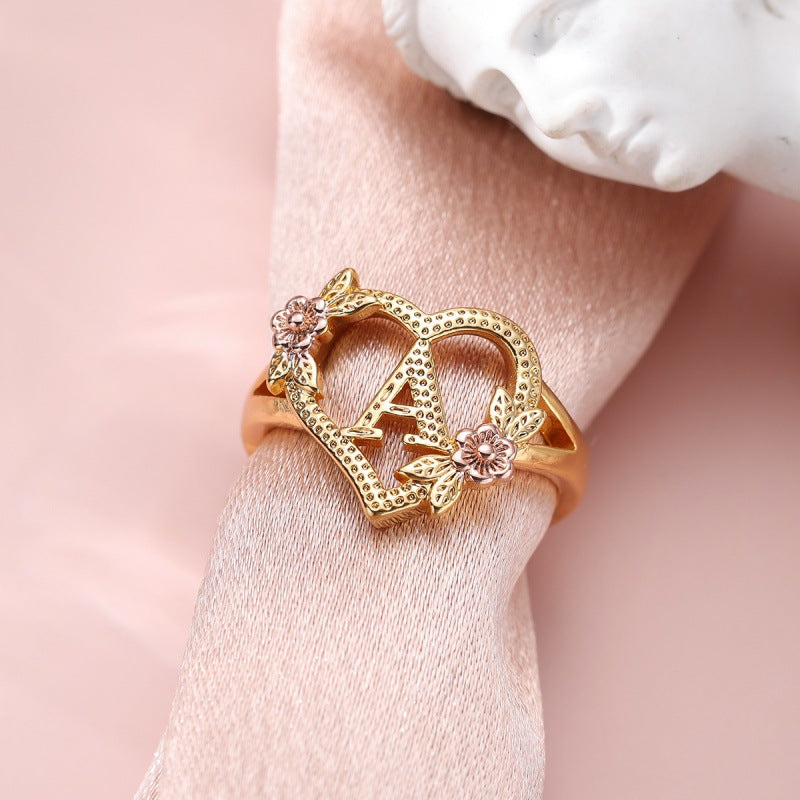 Fresh Sweet Creative Style  Rose Dual-Tone 26-Letter Open Ring