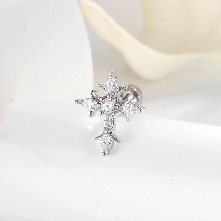 Zircon-Studded Cross Screw Barbell Earrings – Elegant Couple Ear Studs