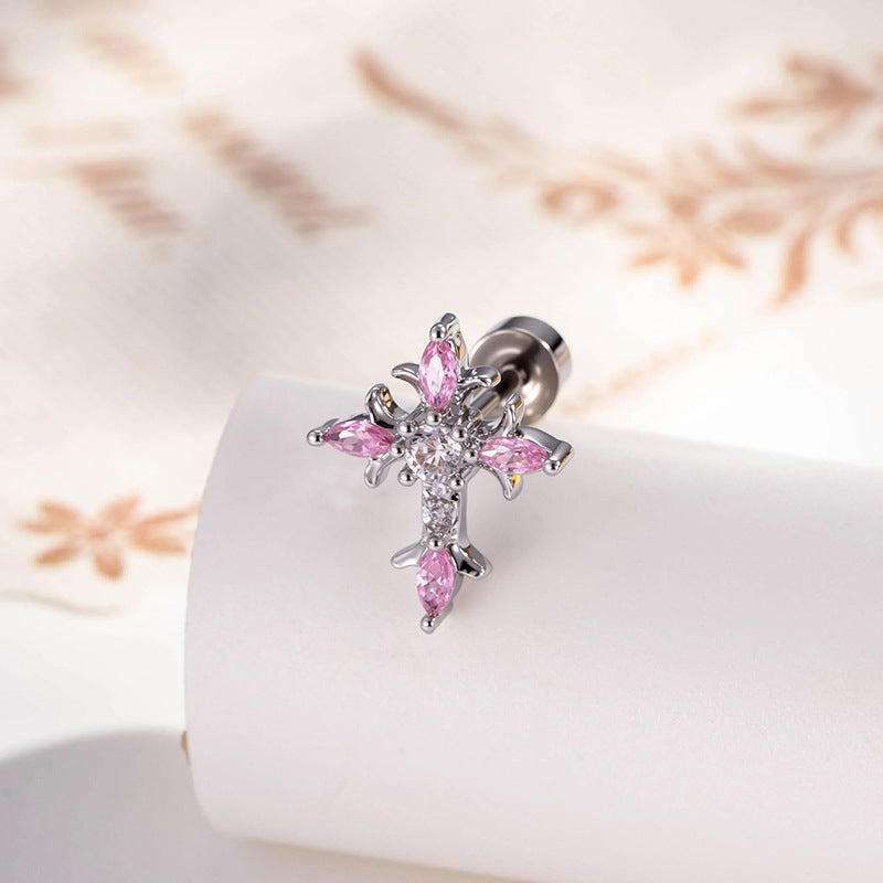 Zircon-Studded Cross Screw Barbell Earrings – Elegant Couple Ear Studs