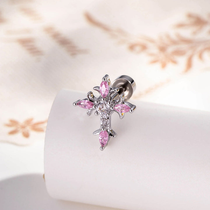 Zircon-Studded Cross Screw Barbell Earrings – Elegant Couple Ear Studs