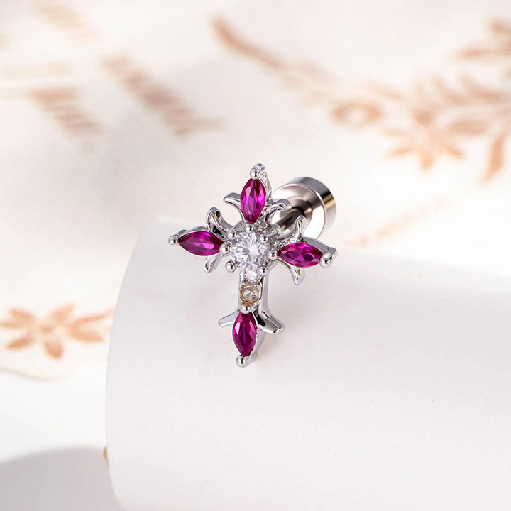 Zircon-Studded Cross Screw Barbell Earrings – Elegant Couple Ear Studs