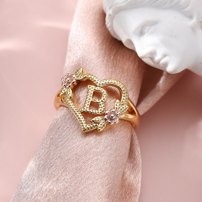 Fresh Sweet Creative Style  Rose Dual-Tone 26-Letter Open Ring