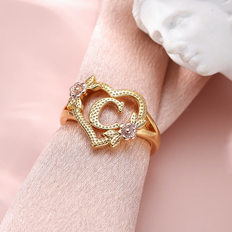 Fresh Sweet Creative Style  Rose Dual-Tone 26-Letter Open Ring