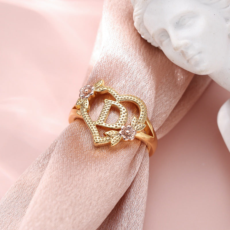 Fresh Sweet Creative Style  Rose Dual-Tone 26-Letter Open Ring